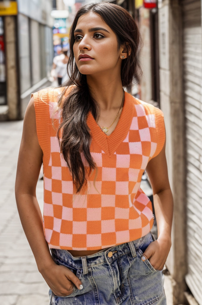 Checkered V-Neck Sweater Vest Tangerine