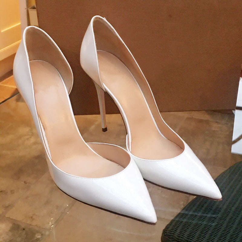 Women's Pointed Toe Stiletto High Heels - French Side Empty Soft Leather White