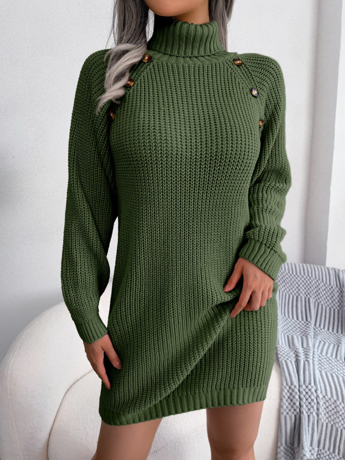 Decorative Button Turtleneck Sweater Dress Dark Green