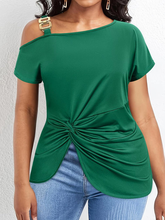 Plus Size Twisted Asymmetrical Neck Short Sleeve T-Shirt Dark Green