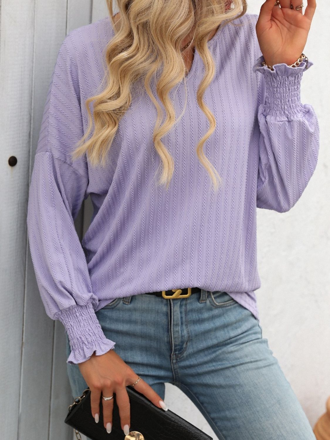 Textured Notched Lantern Sleeve T-Shirt Lilac