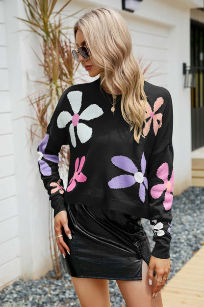 Floral Dropped Shoulder Ribbed Trim Sweater Black