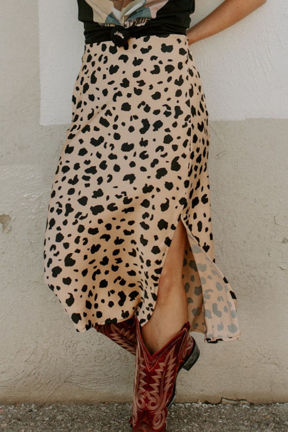 Slit Printed Midi Skirt Tan