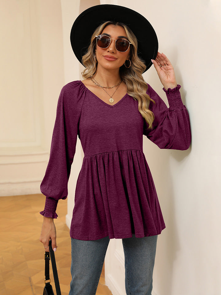 V-Neck Lantern Sleeve Blouse Wine