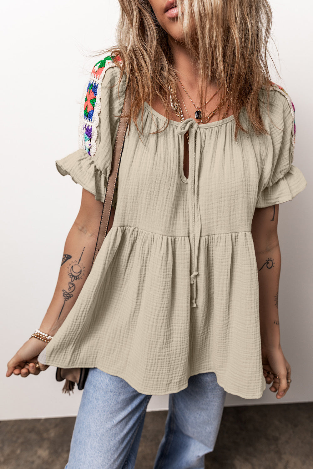 Embroidered Tie Neck Short Sleeve Blouse Tan