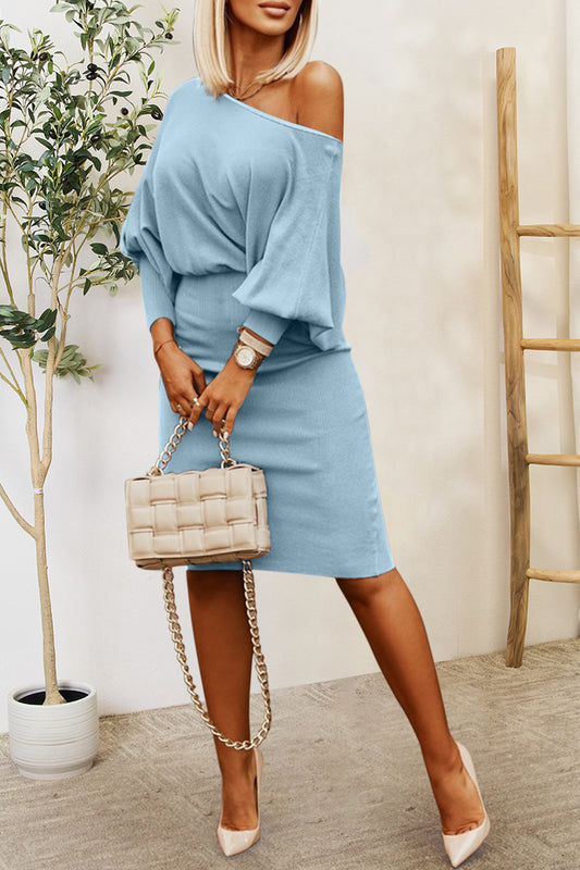 Ruched Lantern Sleeve Dress Light Blue