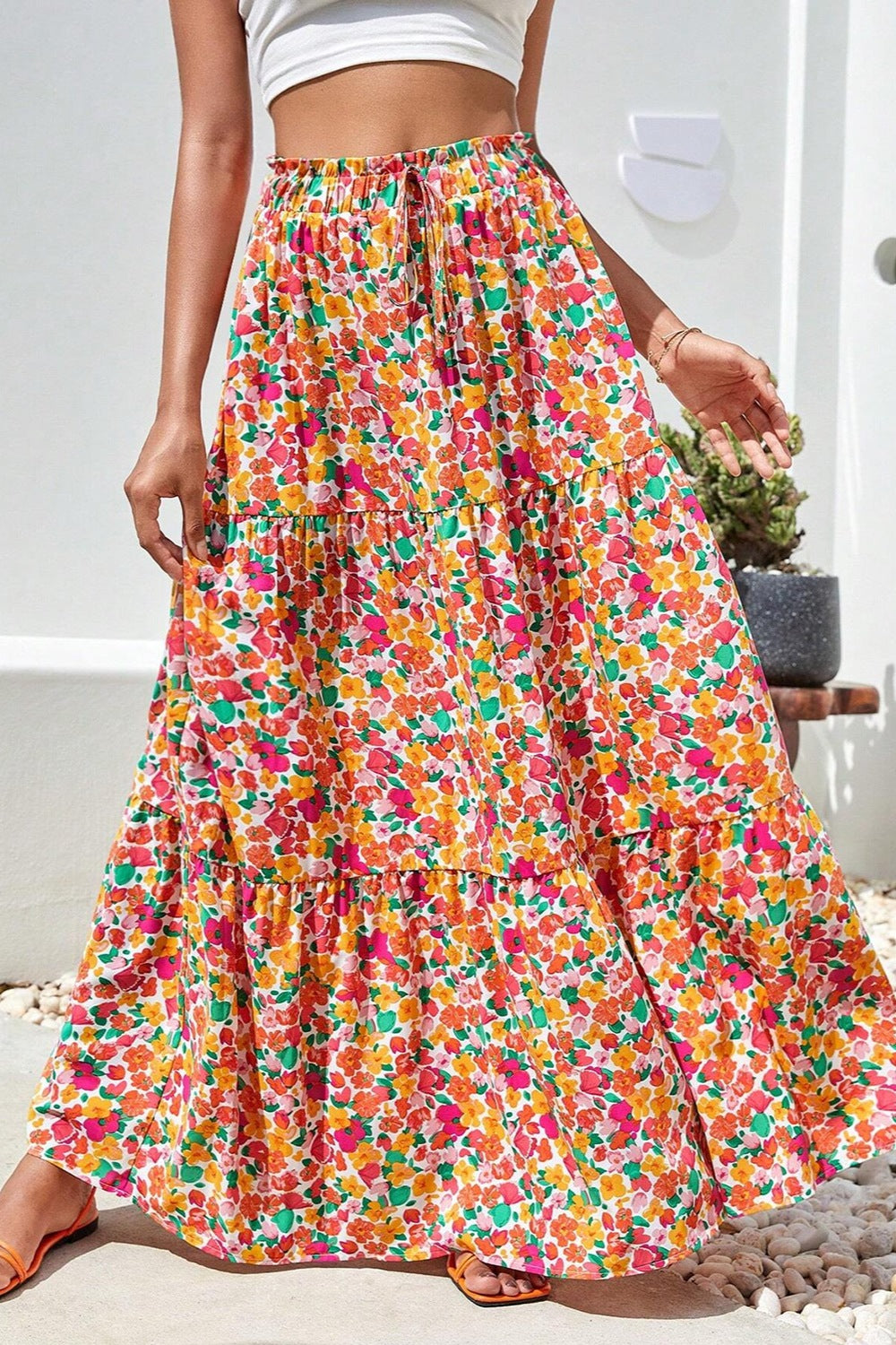 Printed Elastic Waist Maxi Skirt Floral