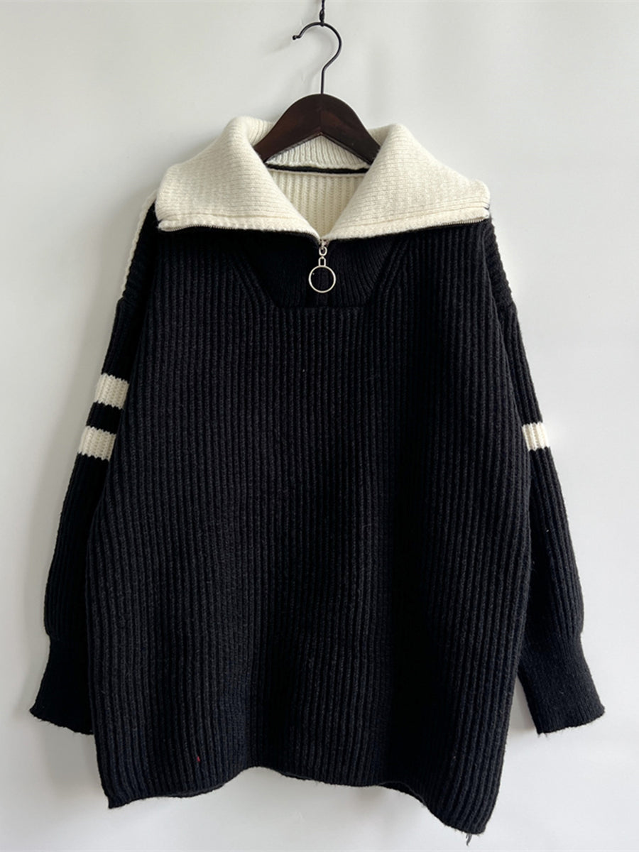 Ribbed Two-Tone Half Zip Sweater