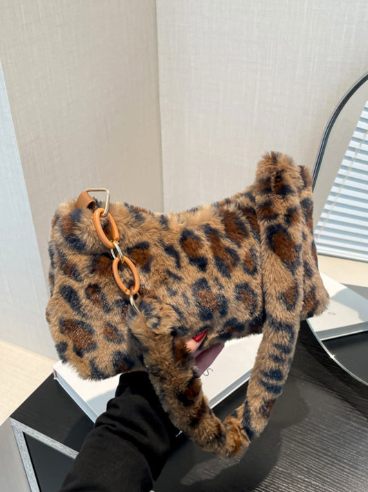 Leopard Fluff Shoulder Bag Caramel One Size