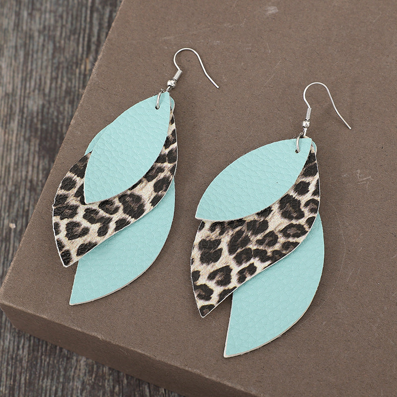 Leopard PU Leather Leaf Earrings - Thandynie