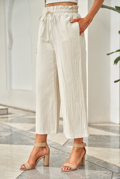 Drawstring Paperbag Waist Wide Leg Pants Ivory