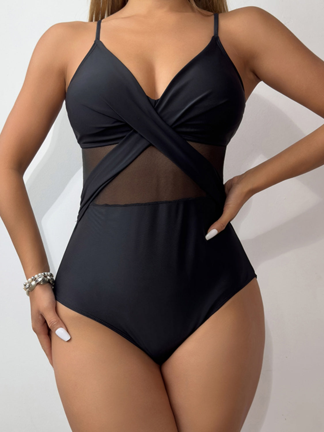 V-Neck One-Piece Swimsuit with Spaghetti Straps Black