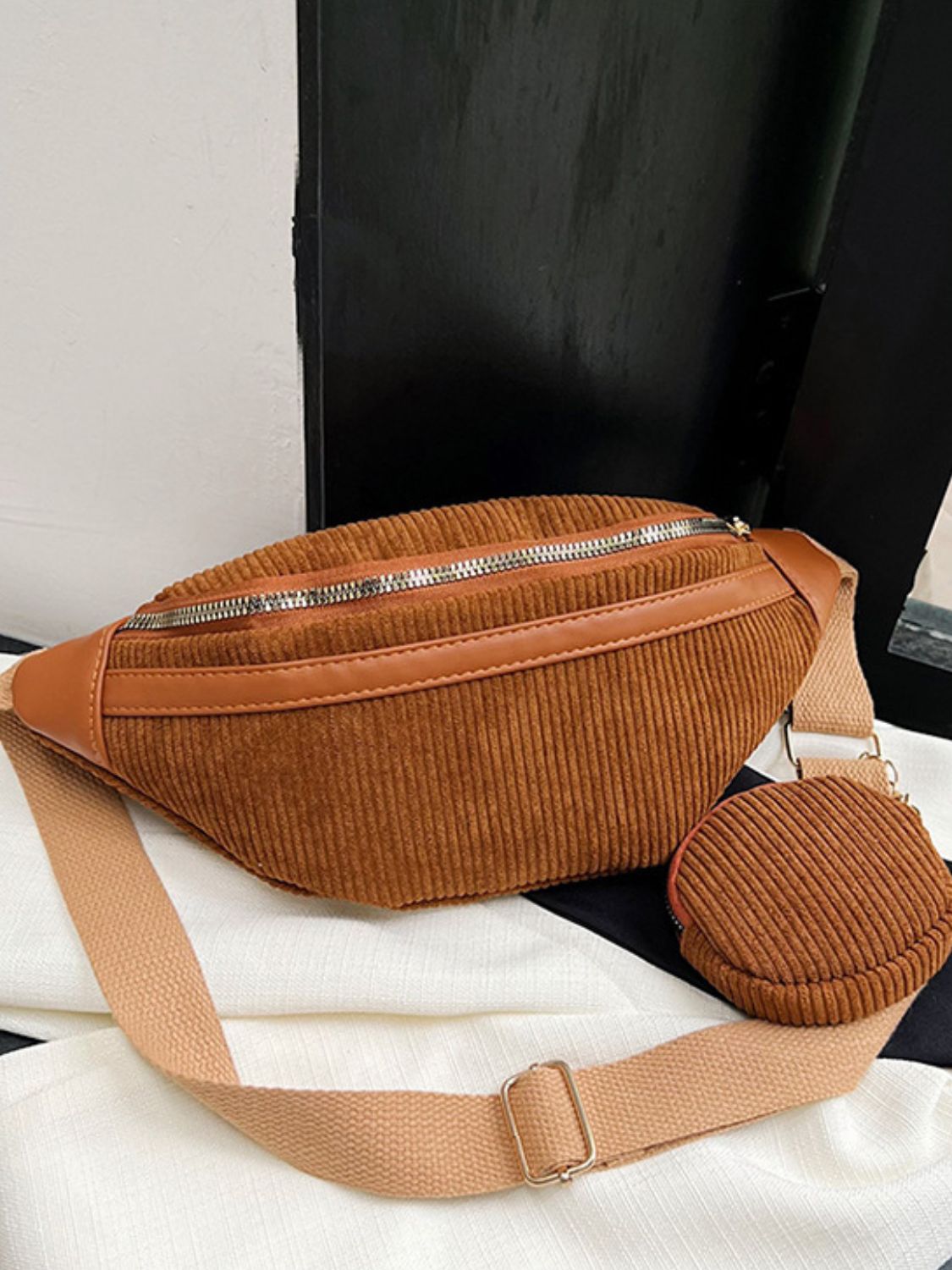 Corduroy Adjustable Strap Crossbody Bag with Pouch Caramel One Size