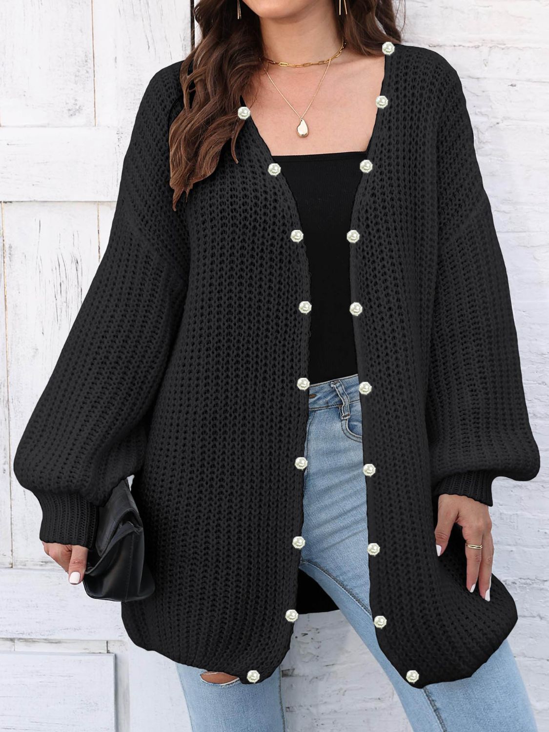 Open Front Long Sleeve Cardigan Black One Size