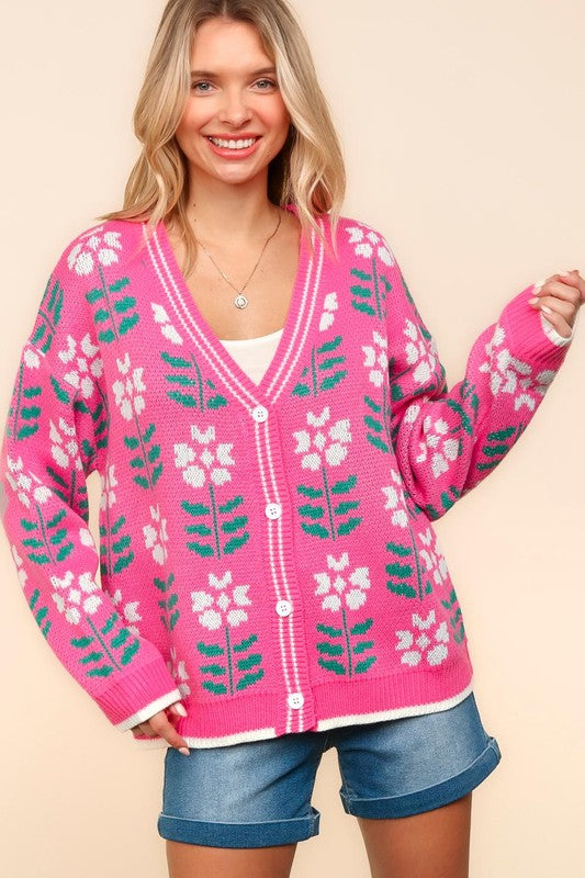 Haptics Full Size Floral Jacquard V-Neck Button Up Cardigan Hot Pink