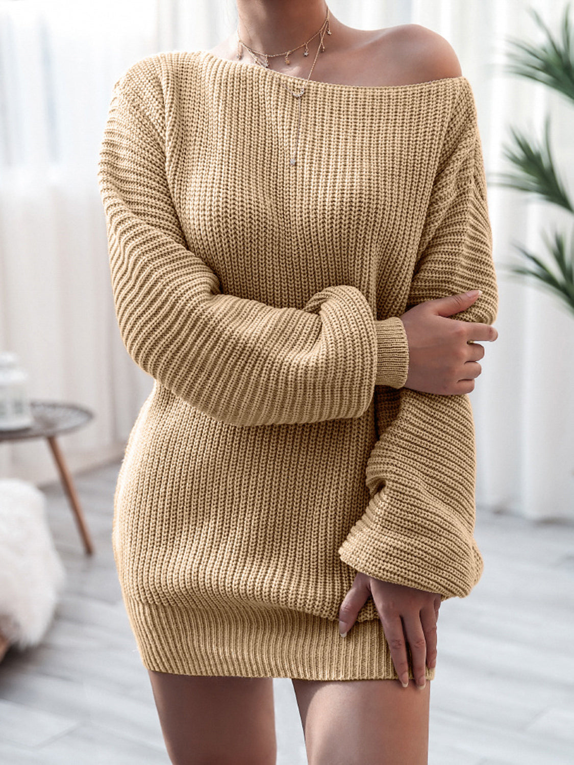 Rib-Knit Mini Sweater Dress with Stretch