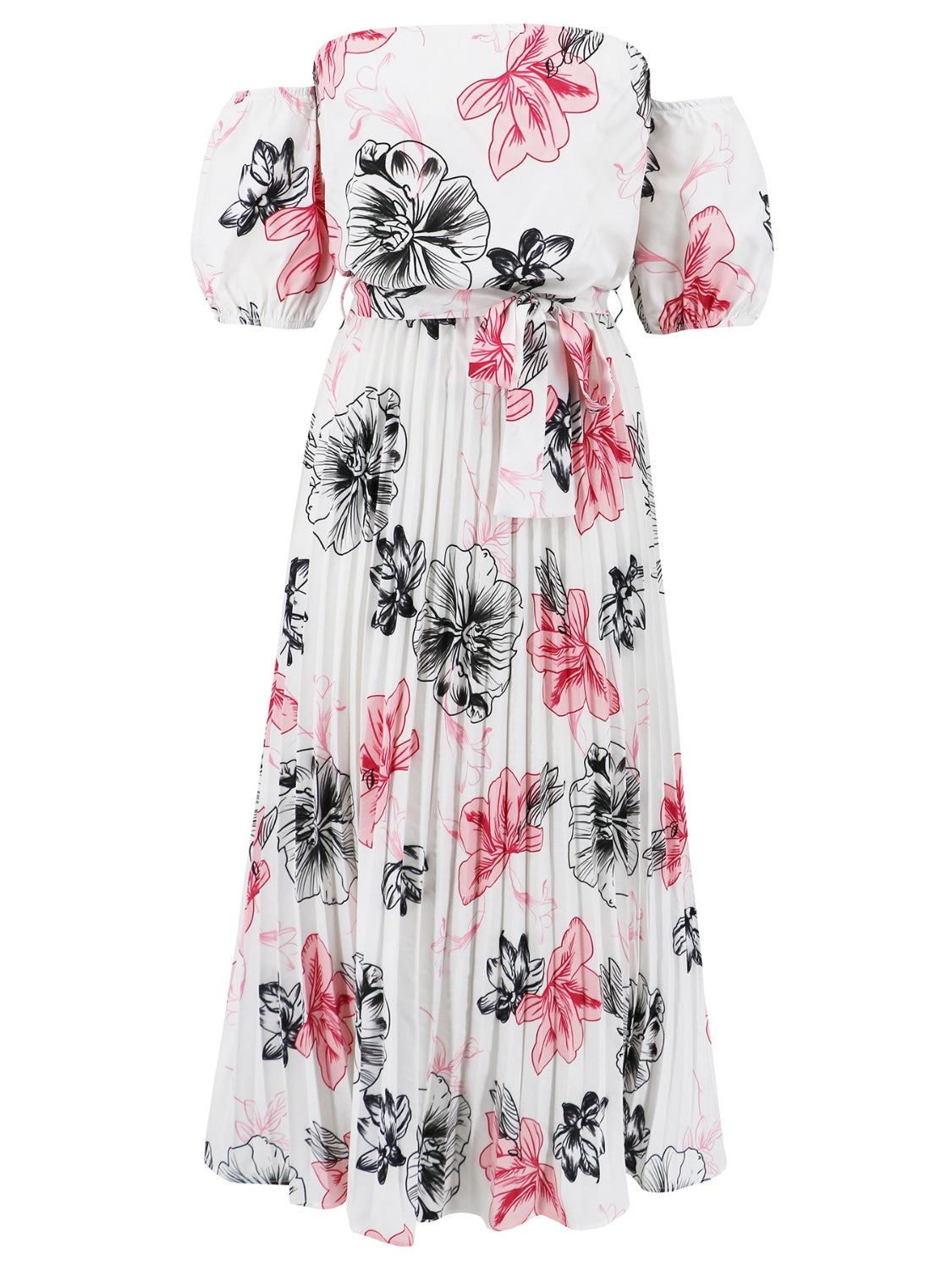 Pleated Floral Off-Shoulder Short Sleeve Midi Dress White