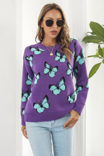 Butterfly Pattern Round Neck Dropped Shoulder Sweater Purple