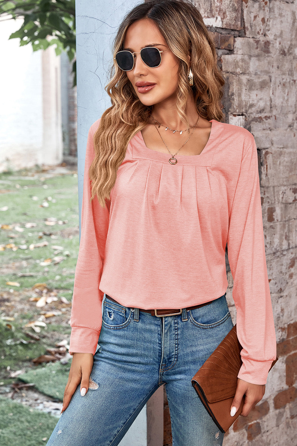 Ruched Square Neck Long Sleeve T-Shirt Watermelon pink