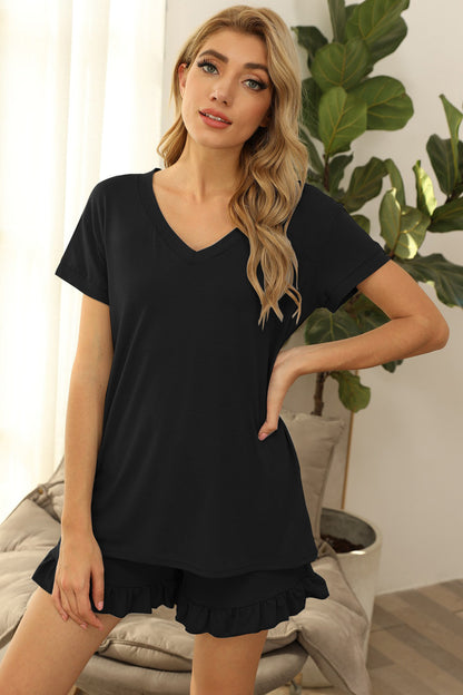 V-Neck Short Sleeve Top and Drawstring Shorts Lounge Set Black