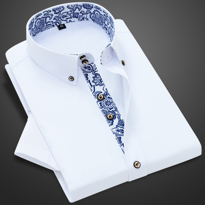 Blue And White Porcelain Collar Business Casual Long Sleeve Shirt Men