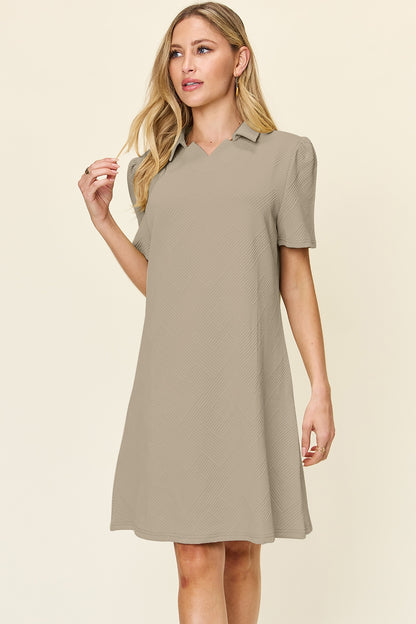 Double Take Full Size Texture Collared Neck Short Sleeve Dress Khaki