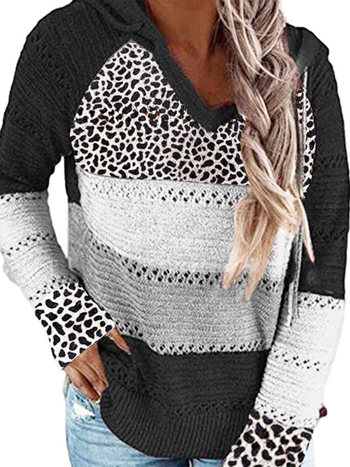 Full Size Openwork Leopard Drawstring Hooded Sweater Black