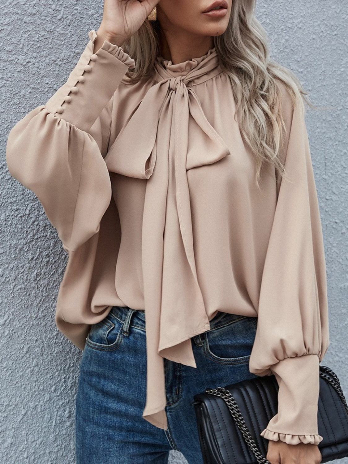 Tie Neck Lantern Sleeve Blouse Tan