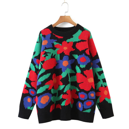 Floral Round Neck Drop Shoulder Sweater Black