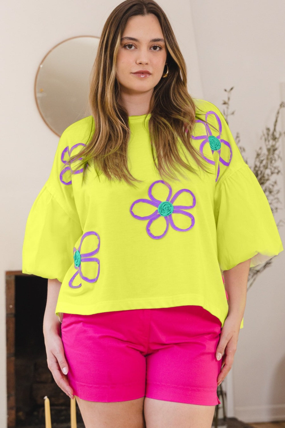 ODDI Full Size Flower Embroidery Detail T-Shirt Limelight