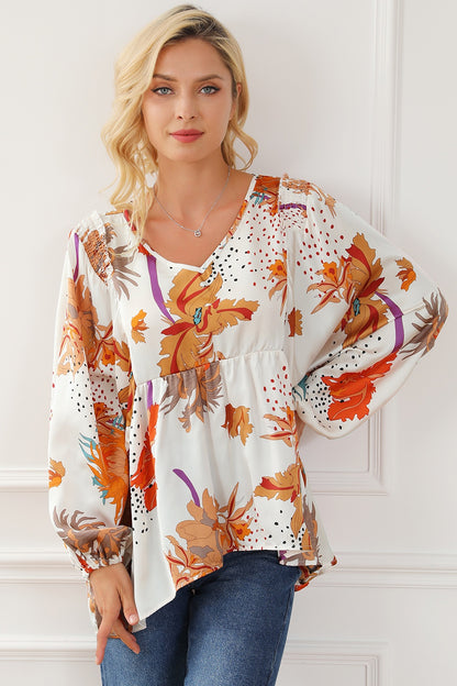 Printed V-Neck Smocked Balloon Sleeve Blouse