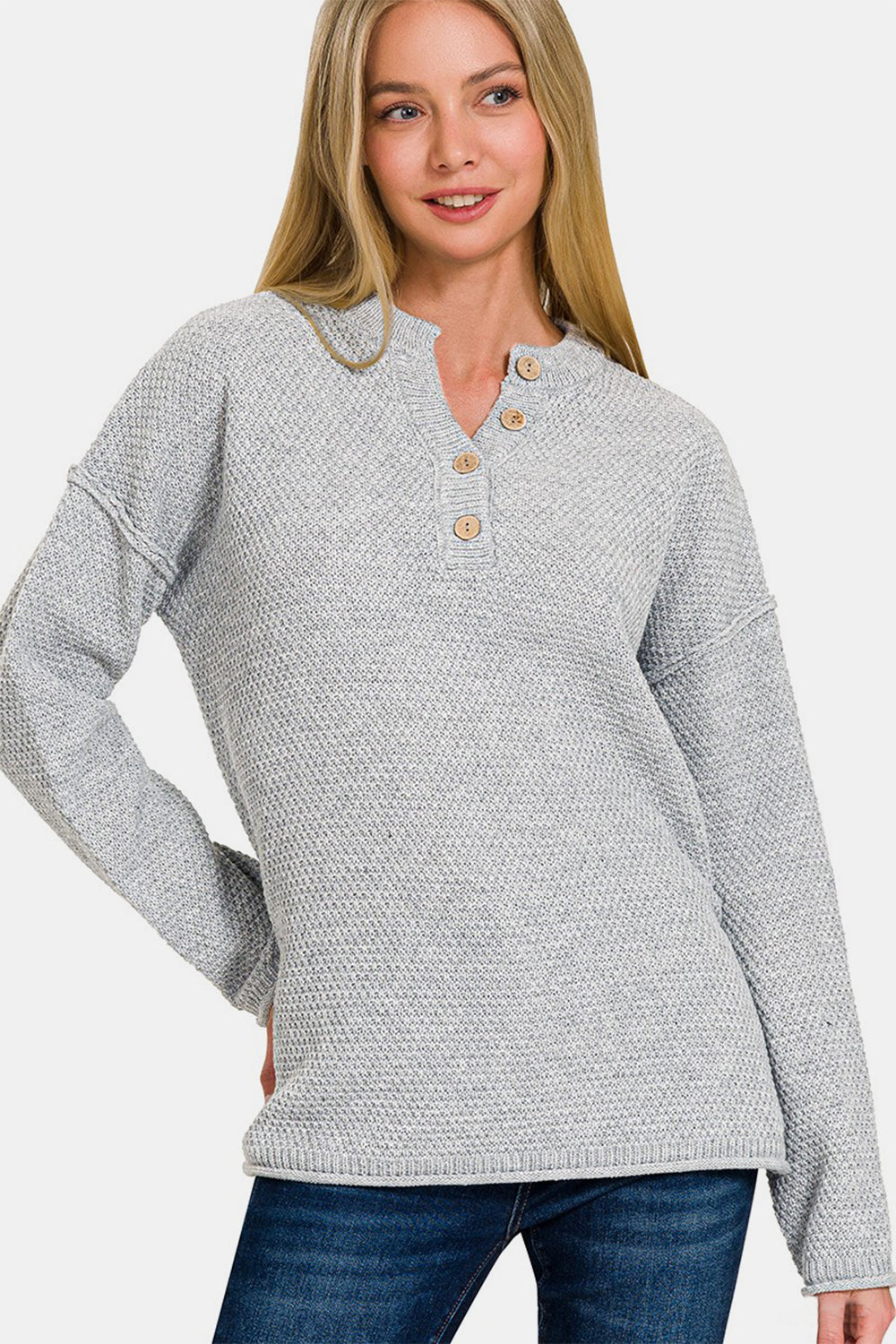 Zenana Button Closure Drop Shoulder Sweater Grey