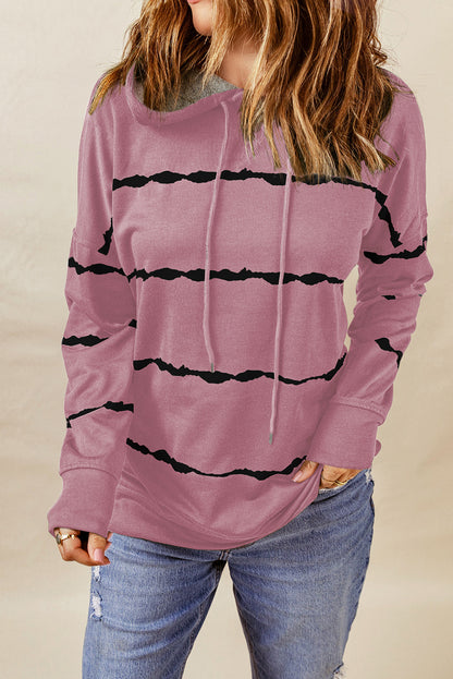 Drawstring Striped Dropped Shoulder Hoodie Dusty Pink