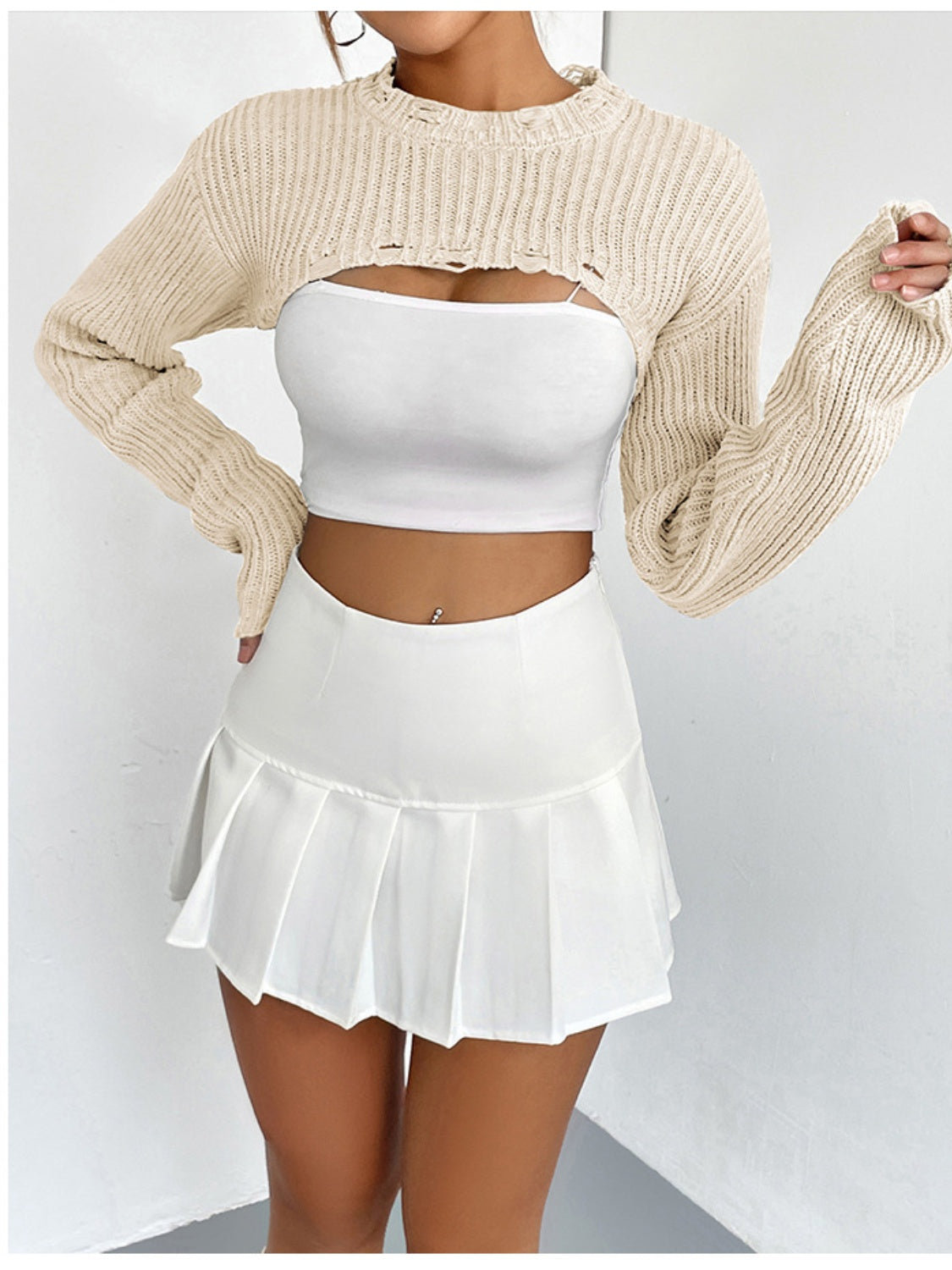 Distressed Long Sleeve Cropped Sweater Cream