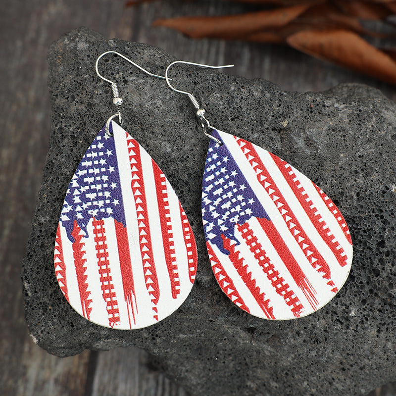 PU Leather US Flag Teardrop Shape Earrings - Thandynie