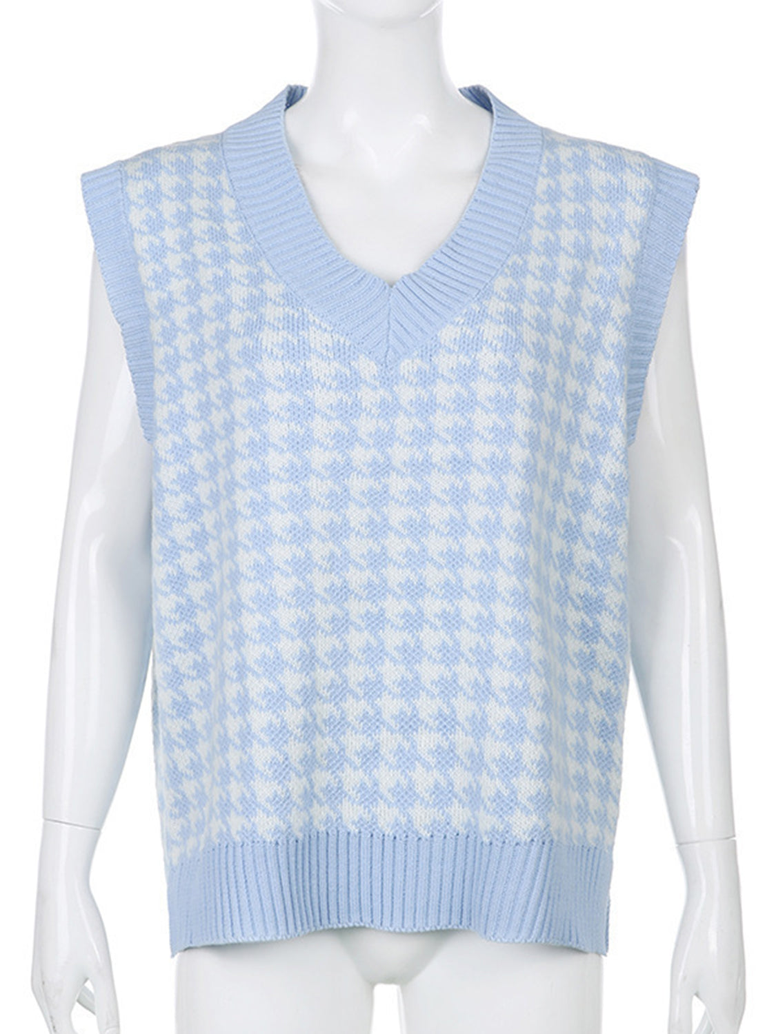 Houndstooth V-Neck Sweater Vest Light Blue