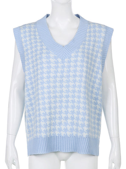 Houndstooth V-Neck Sweater Vest Light Blue