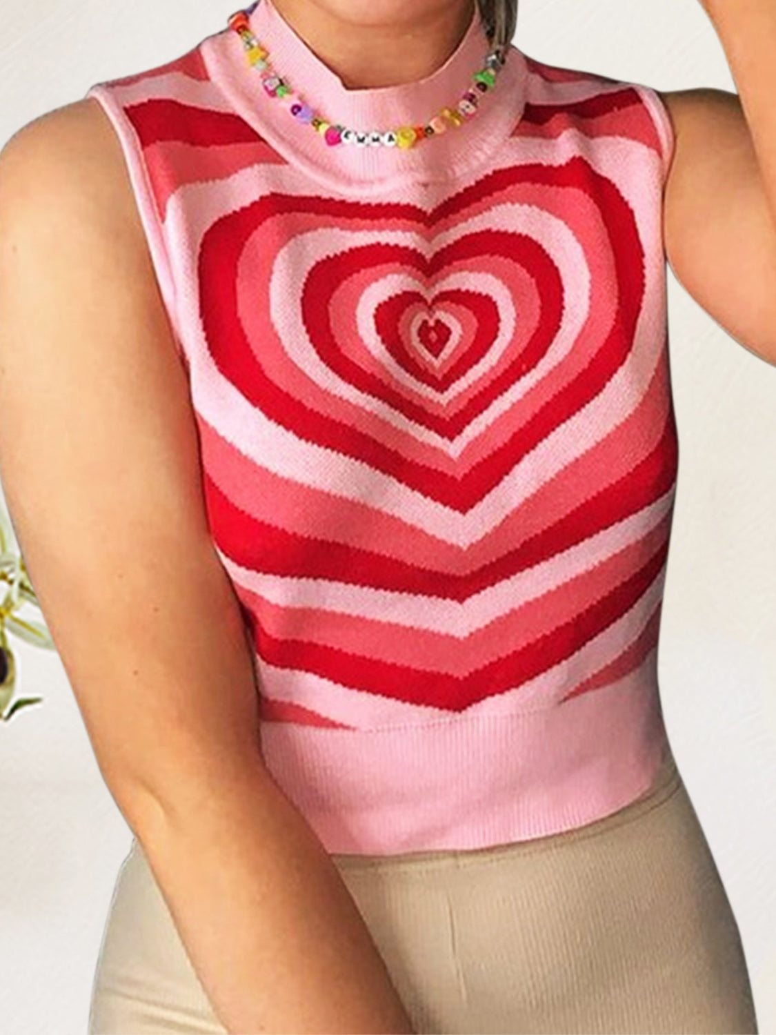 Heart Mock Neck Sweater Vest Pink