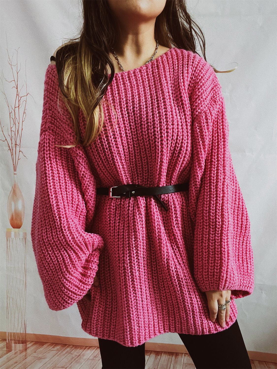 Boat Neck Long Sleeve Sweater with Belt Hot Pink One Size