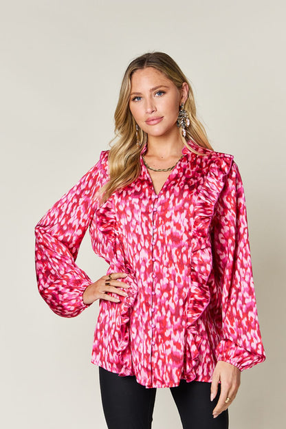 Double Take Full Size Printed Ruffle Trim Balloon Sleeve Shirt Hot Pink