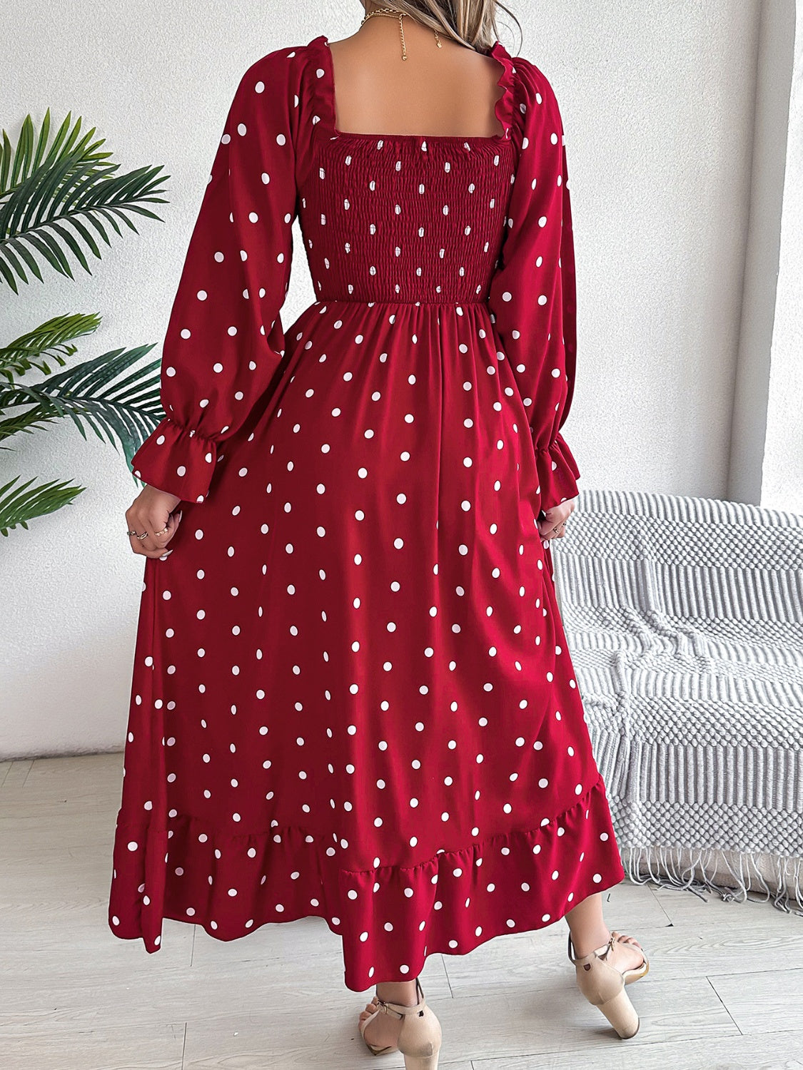 Polka Dot Flounce Sleeve Midi Dress - Thandynie