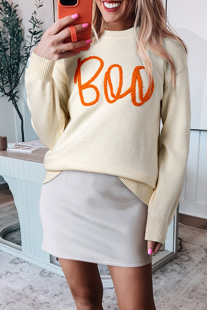 Apricot Boo Knitted Pattern Ribbed Edge Drop Shoulder Sweater Apricot 50%Viscose+28%Polyester+22%Polyamide