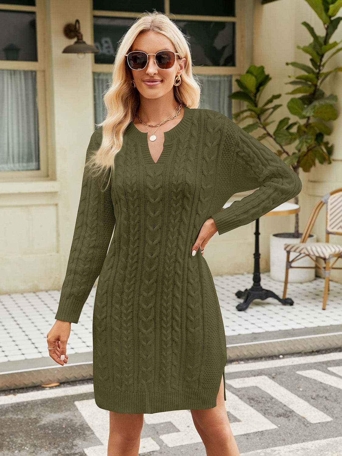 Notched Neck Cable-Knit Slit Sweater Dress Matcha Green