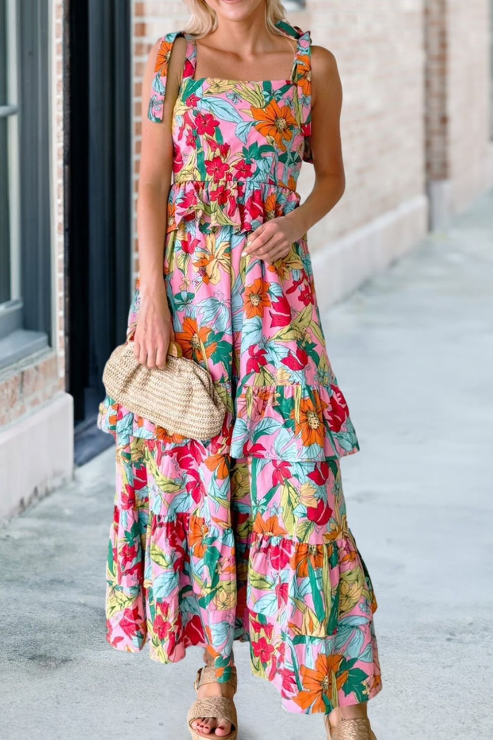 Ruffled Printed Square Neck Cami Dress Floral