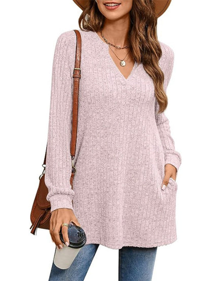 Slit Notched Pocketed Long Sleeve T-Shirt Beige