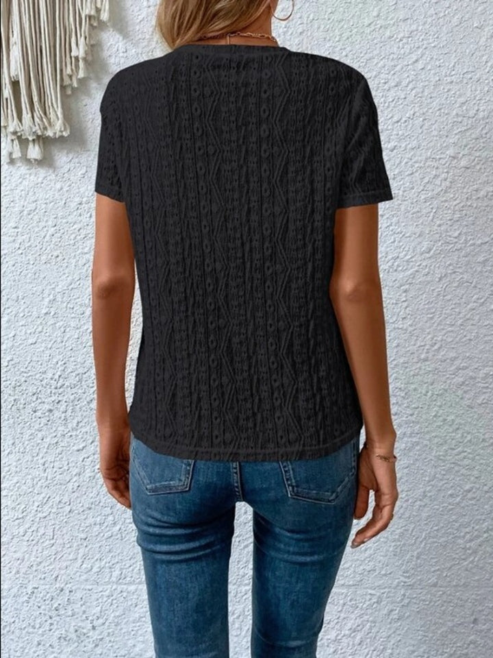 Eyelet Round Neck Short Sleeve T-Shirt