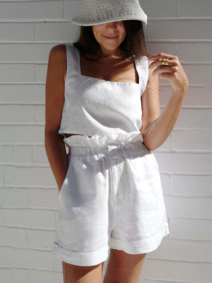 Square Neck Sleeveless Top and Shorts Set White