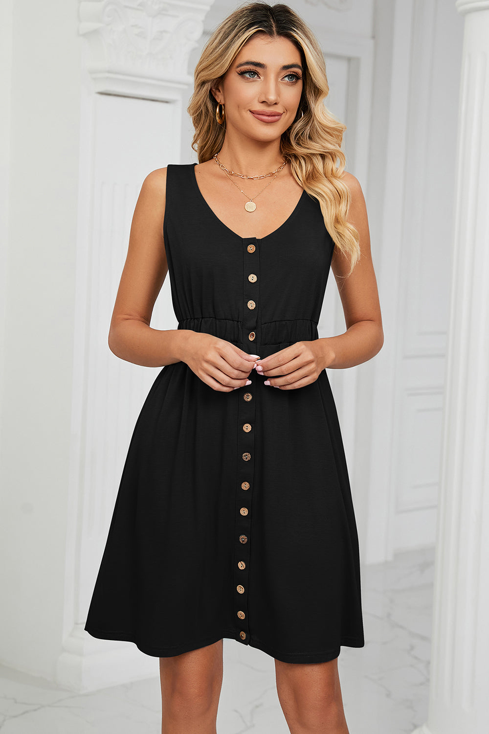 Buttoned Wide Strap Mini Dress Black