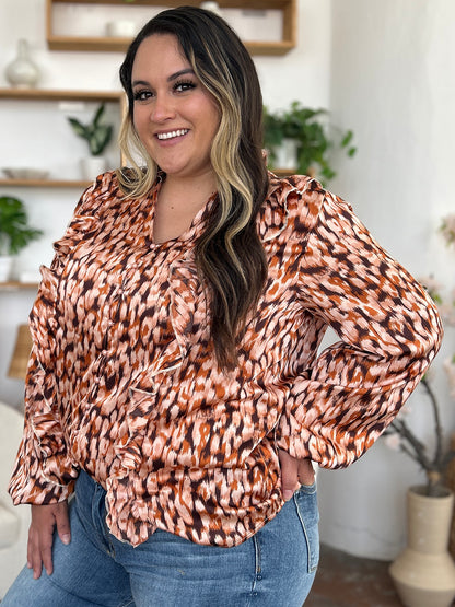 Double Take Full Size Printed Ruffle Trim Balloon Sleeve Shirt Caramel