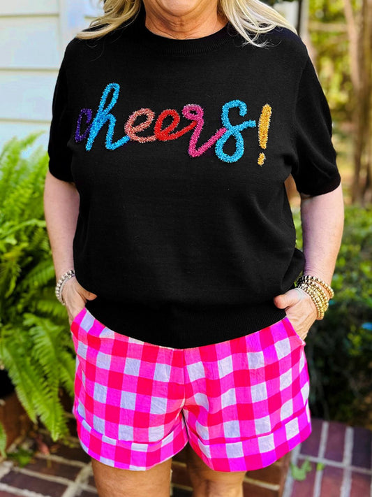 Plus Size CHEERS Round Neck Short Sleeve Sweater Black